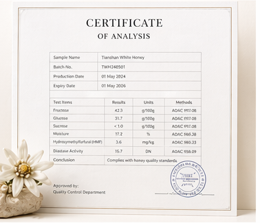 Certificate of analysis for Tianshan white honey