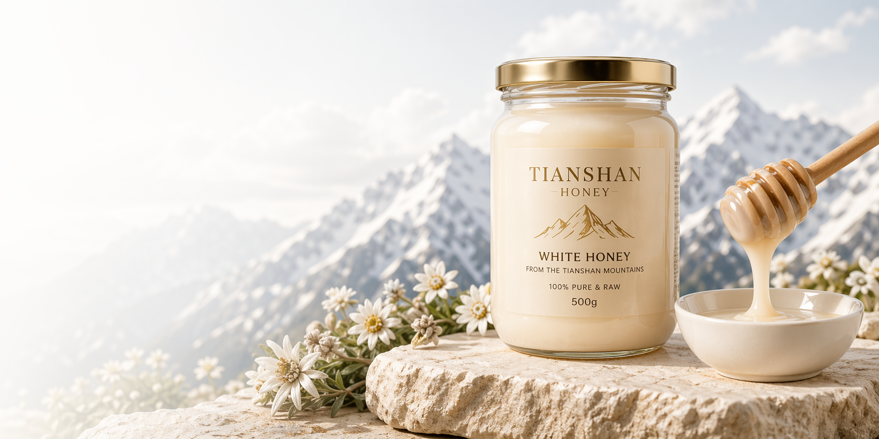 Tianshan white honey jar with flowers, mountains, and a honey dipper