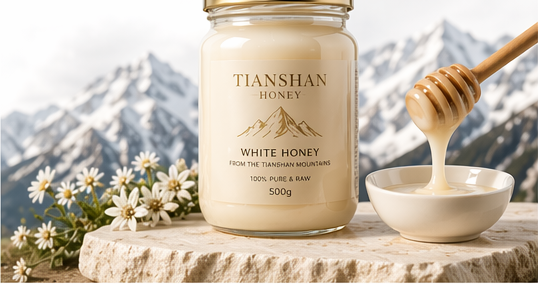 Tianshan white honey jar with flowers, mountains, and a honey dipper