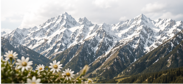 Snowy mountain range with alpine flowers