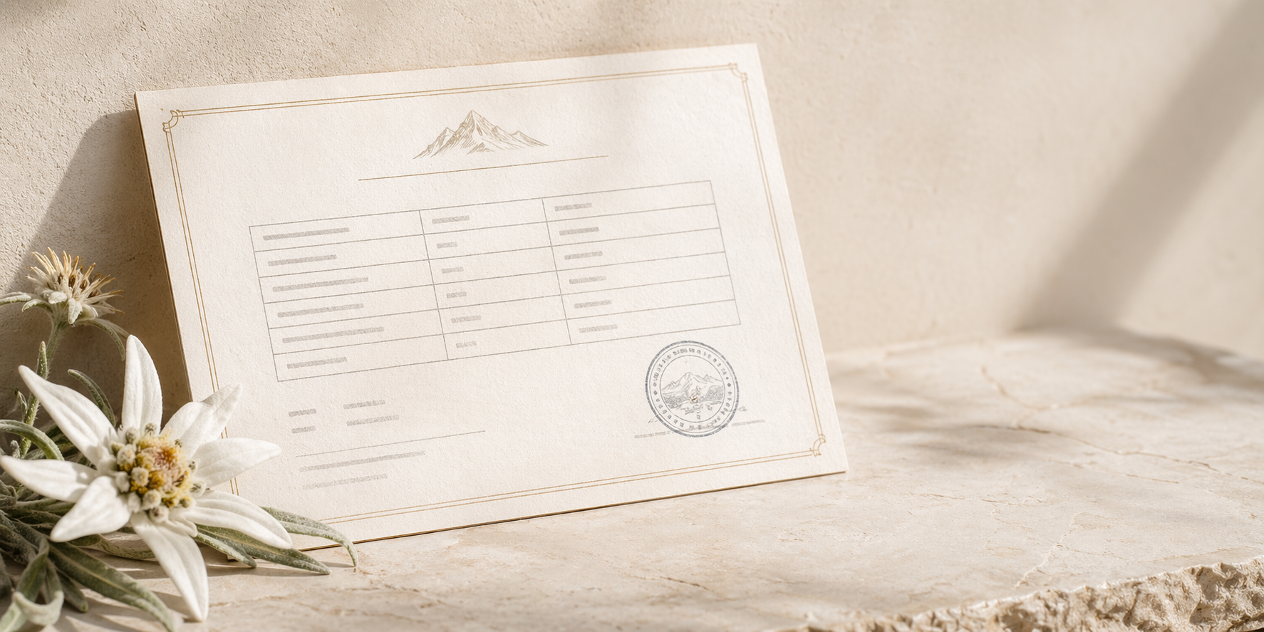 Photorealistic certificate of analysis on pale stone with alpine flowers