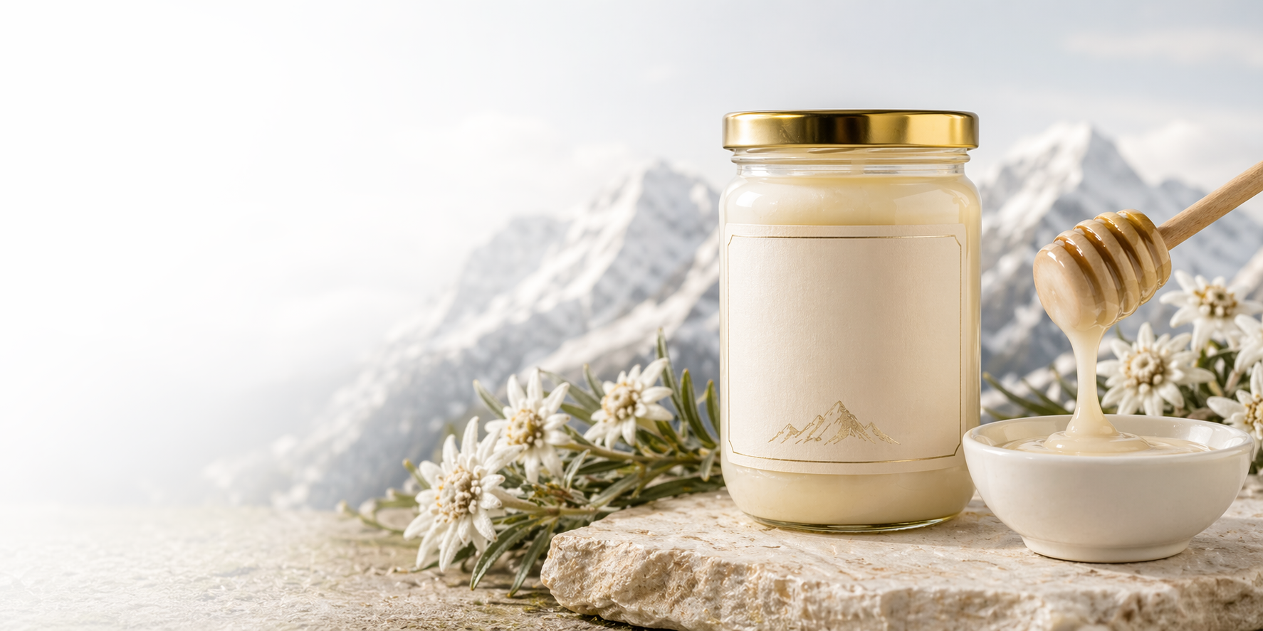 Photorealistic white honey jar with a gold lid, honey dipper, bowl, flowers, and snowy mountains