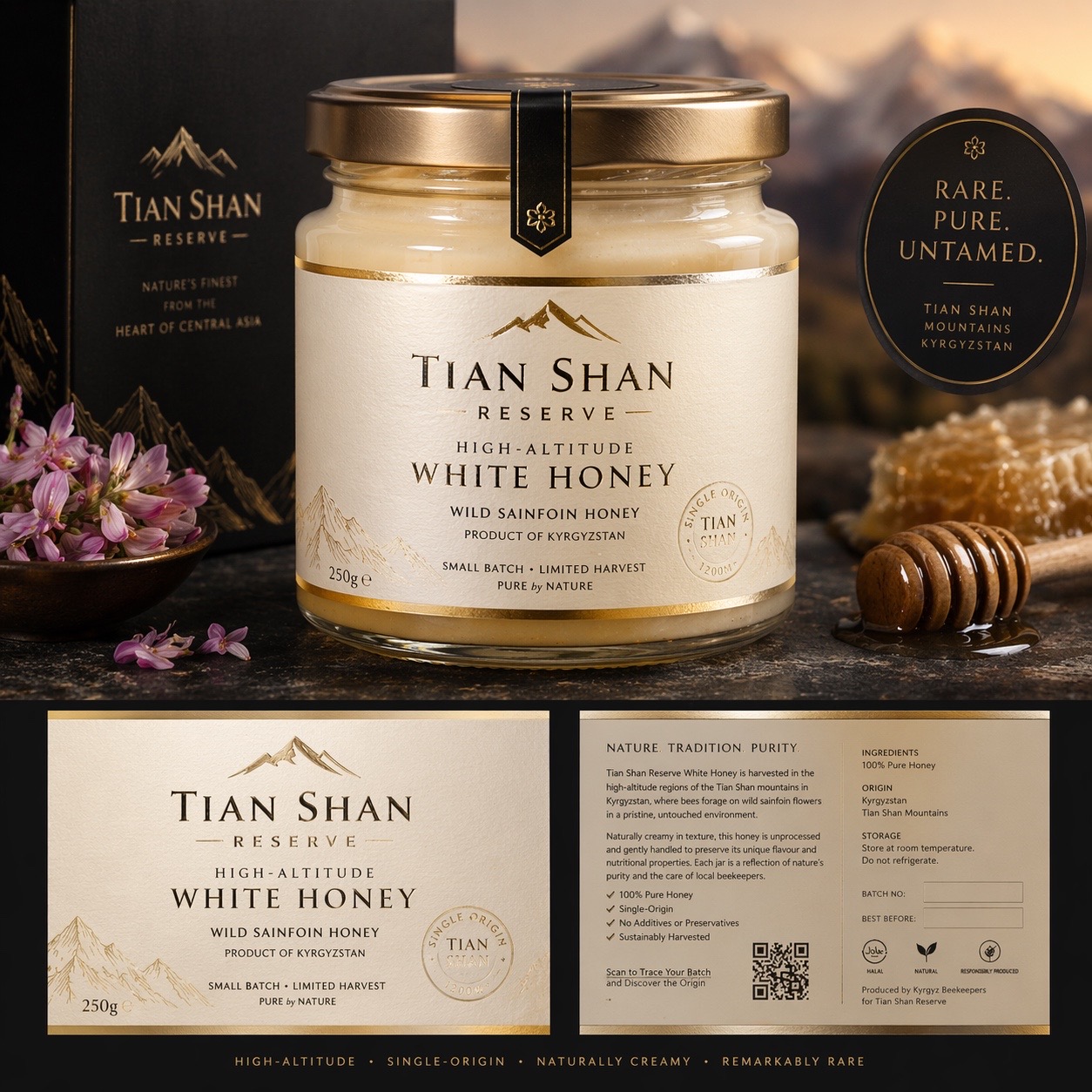 Tian Shan Reserve white honey jar with premium black and gold packaging