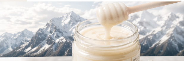 White honey in front of a mountain landscape
