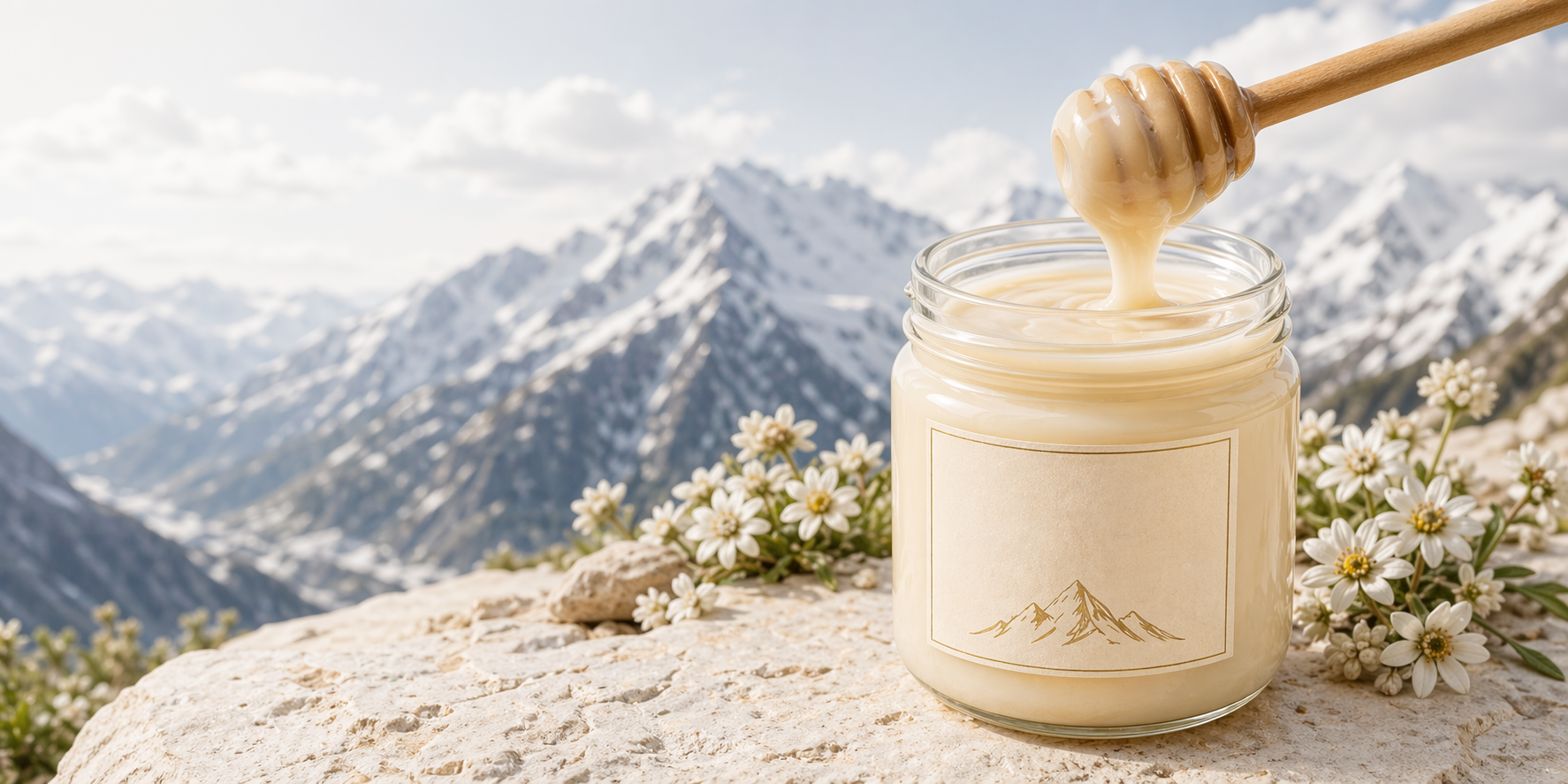 Open jar of creamy white honey with mountain landscape